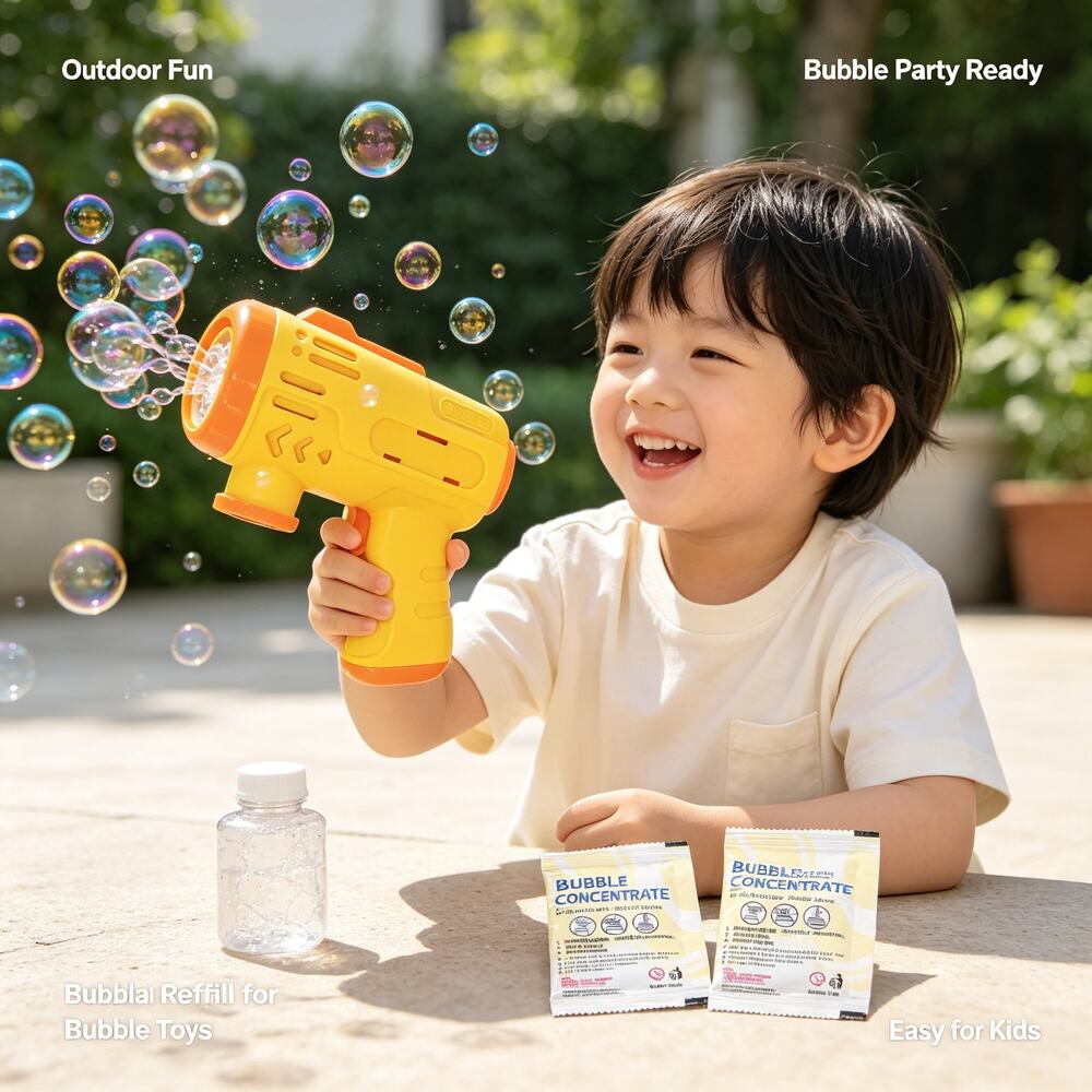 Yellow Kids Automatic Bubble Gun with Concentrate Stickers Outdoor Toy Gift